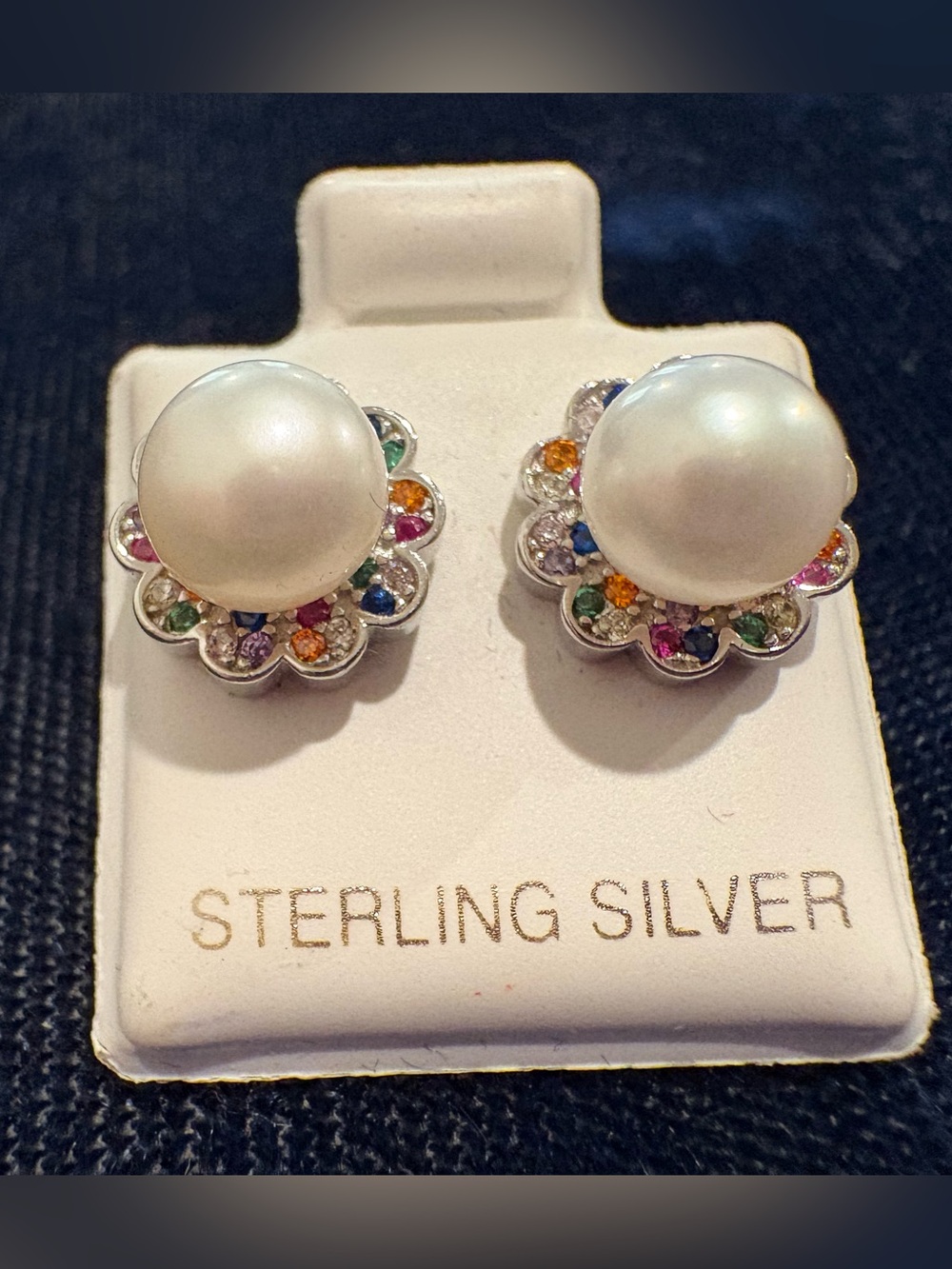 Sterling Silver, Faux Pearl With Colored Rhinestone Halo Earrings